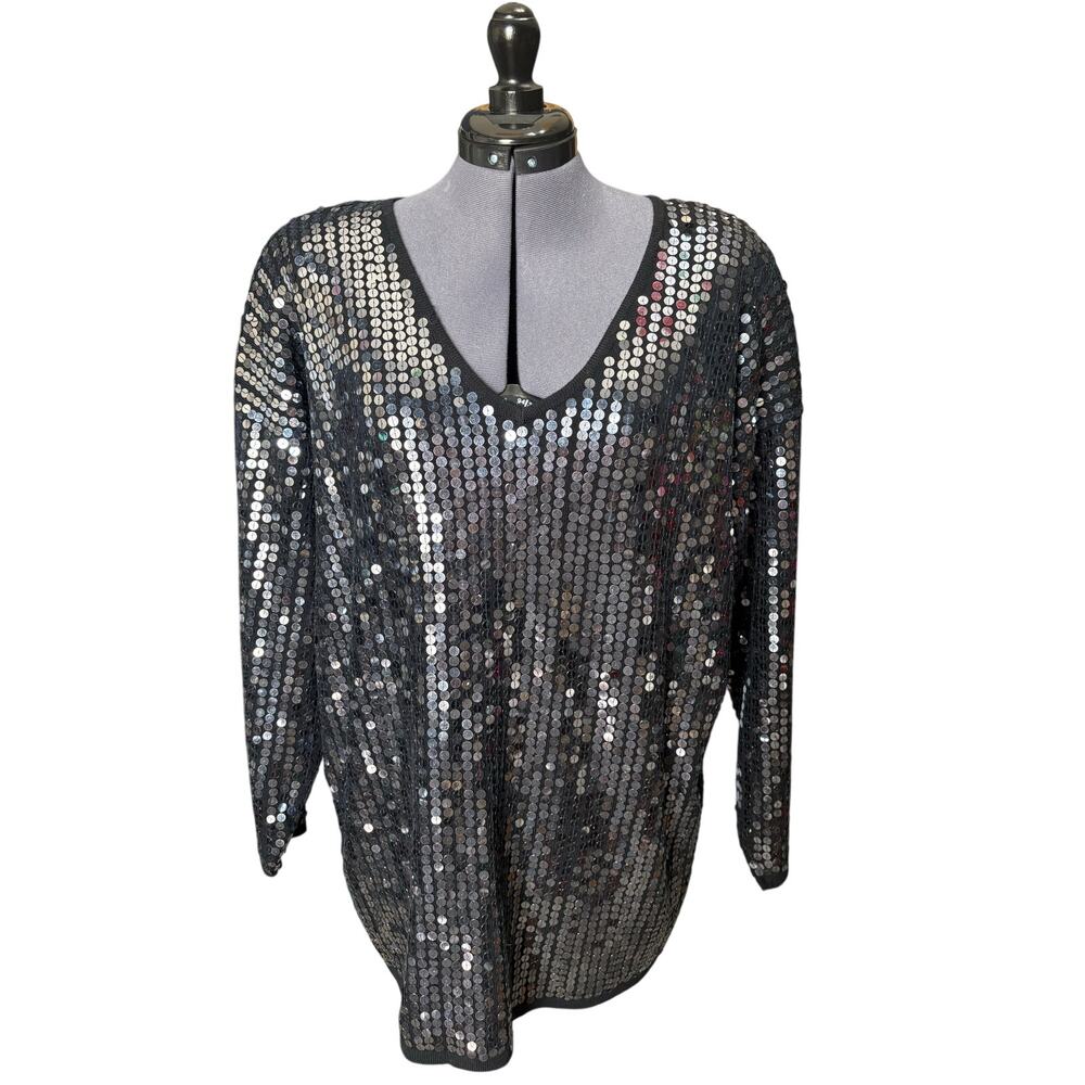 Vintage Lord & Taylor Gunmetal Sequin Tunic Sweater Hong Kong Wool Blend Sz L